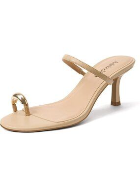 Women's Kitten Heels Metallic Toe Ring Nude Heeled Sandals Slip On Heels